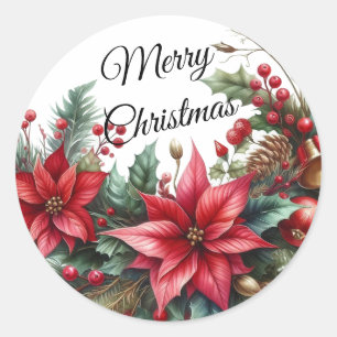 Watercolor Red Merry Christmas Flower  Classic Round Sticker