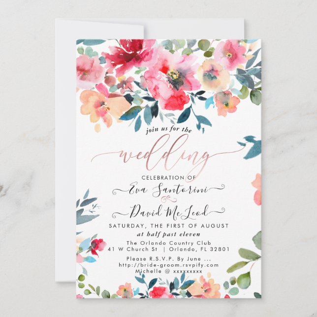 Watercolor Red Ombre Garden Roses Wedding Invitation (Front)