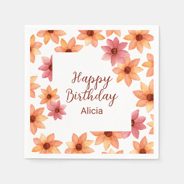 Watercolor Red Orange Autumn Flower Birthday White Napkin (Front)