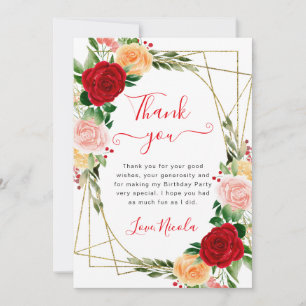 Watercolor Red Orange Roses Frame Birthday Thank You Card