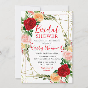 Watercolor Red Orange Roses Frame Bridal Shower Invitation