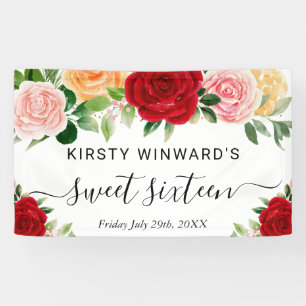Watercolor Red Orange Roses Sweet 16 Welcome Banner