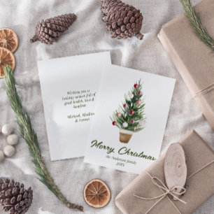 Watercolor Red Ornaments Tree Merry Christmas Holiday Card