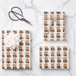 Watercolor Red Pandas on Off White Wrapping Paper Sheet