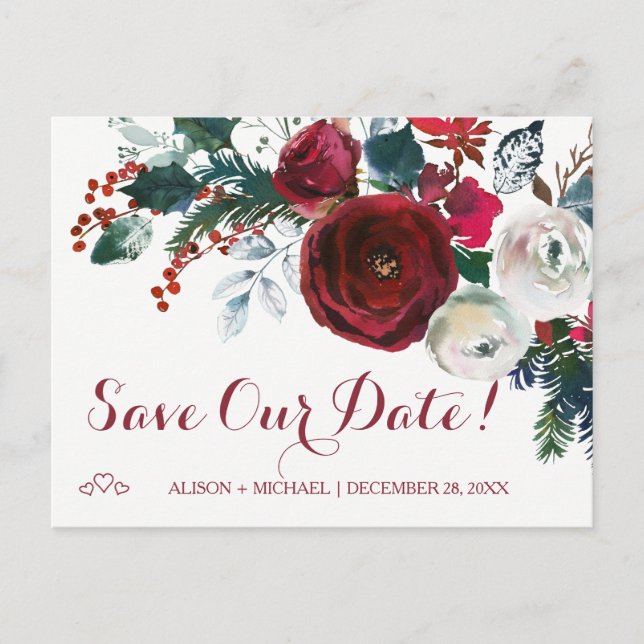 Watercolor red peonies winter wedding save date announcement postcard (Front)