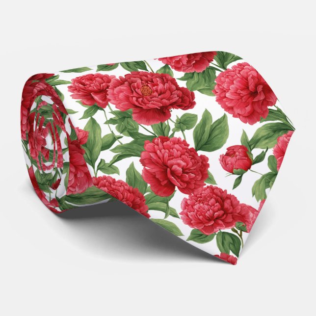 Watercolor Red Peony Floral Pattern Tie (Rolled)