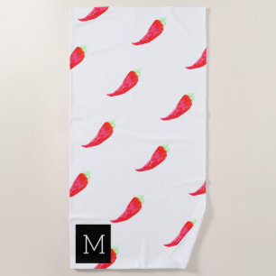 Watercolor Red Peppers Initial Beach Towel