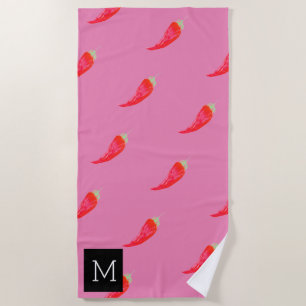 Watercolor Red Peppers Initial Pink Beach Towel