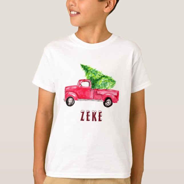 Watercolor Red Pickup truck Christmas Tree Cute T-Shirt (Front)