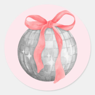 Watercolor Red Pink Bow Silver Disco Ball Classic Round Sticker