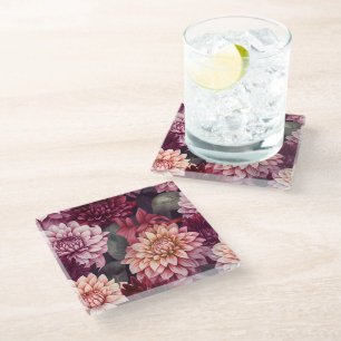 Watercolor Red Pink Dahlia Pattern Design Glass Coaster