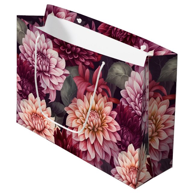 Watercolor Red Pink Dahlia Pattern Design Large Gift Bag (Front Angled)