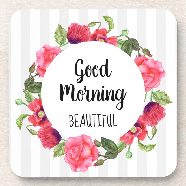 Watercolor Red & Pink Flowers Circle Wreath Design Coaster (Front)