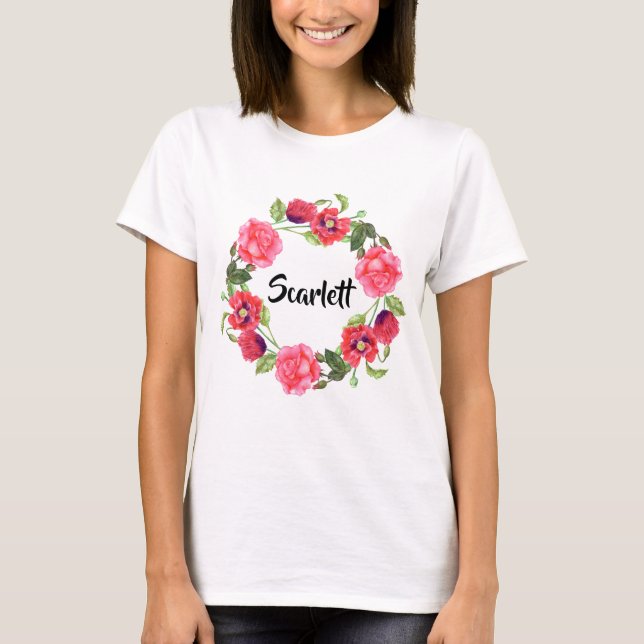 Watercolor Red & Pink Flowers Circle Wreath Design T-Shirt (Front)