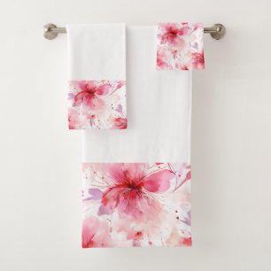 Watercolor Red Pink Flowers Spring Floral Pattern  Bath Towel Set