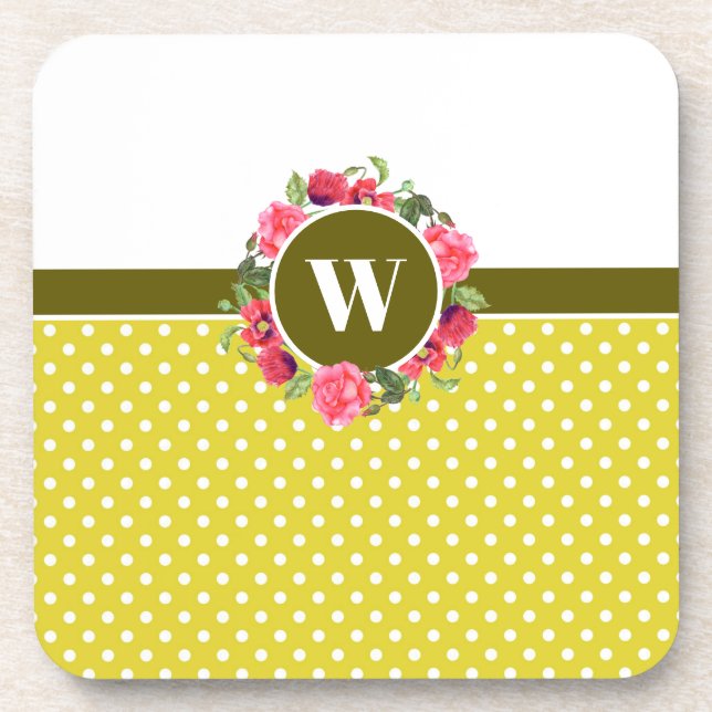 Watercolor Red & Pink Flowers Wreath Polka Dots Coaster (Front)