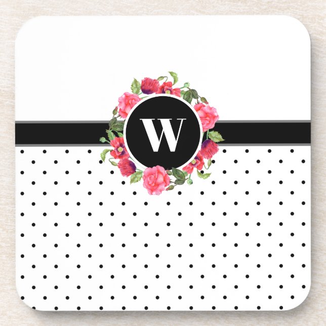 Watercolor Red & Pink Flowers Wreath Polka Dots Coaster (Front)