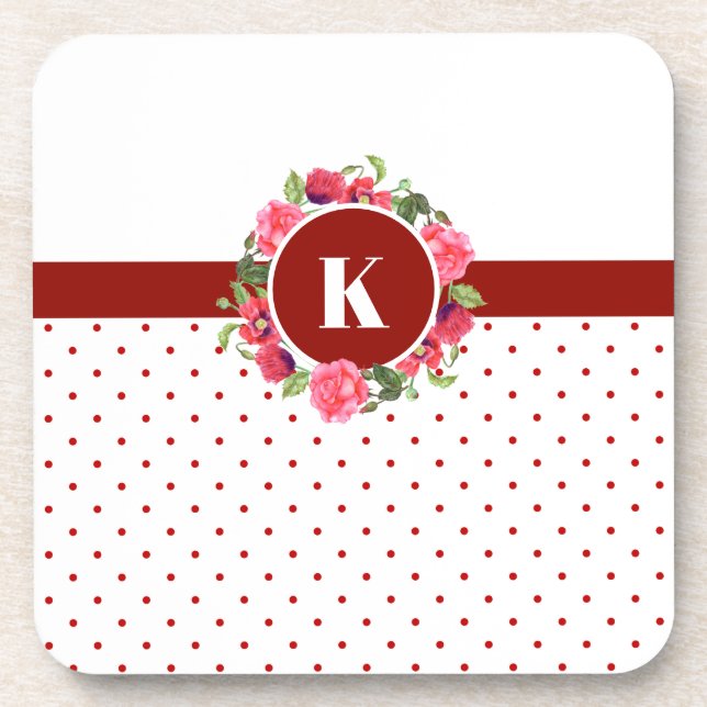 Watercolor Red & Pink Flowers Wreath Polka Dots Coaster (Front)