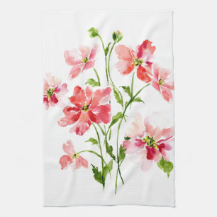 Watercolor red pink poppy floral tea towel