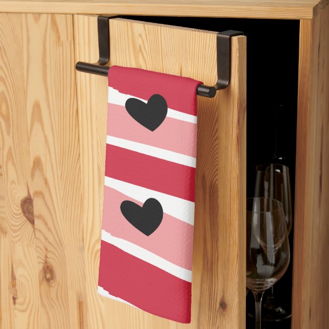 Watercolor Red Pink Stripes Black Hearts Pattern Tea Towel (Thirds Fold)
