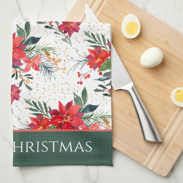 Watercolor Red Poinsettia Bouquet Christmas Tea Towel (Quarter Fold)