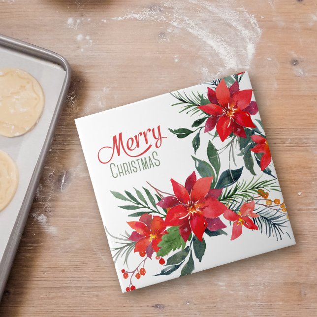 Watercolor Red Poinsettia Bouquet Christmas  Tile (Creator Uploaded)