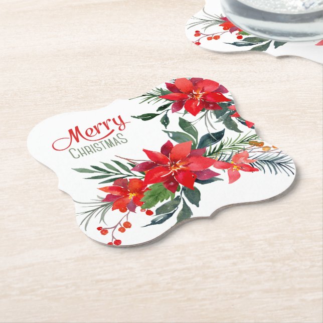 Watercolor Red Poinsettia Bouquet Holiday Paper Coaster (Angled)