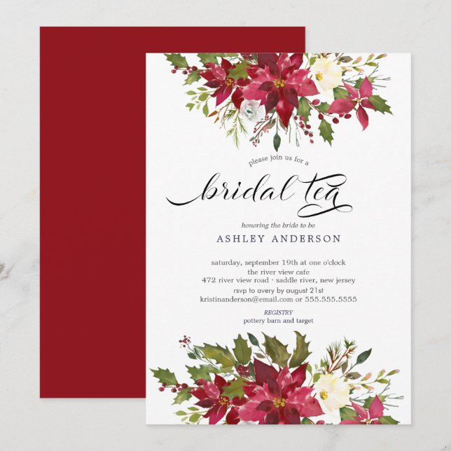 Watercolor Red Poinsettia Bridal Shower Bridal Tea Invitation (Front/Back)