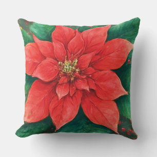 Watercolor Red Poinsettia Christmas Cushion