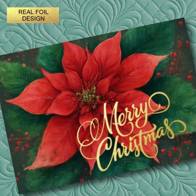 Watercolor Red Poinsettia Christmas Foil Holiday Card (Creator Uploaded)
