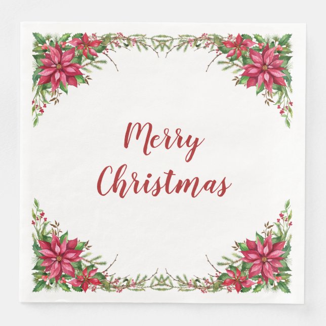 Watercolor Red Poinsettia Floral Christmas Napkin (Front)