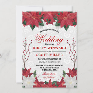 Watercolor Red Poinsettia Floral Christmas Wedding Invitation