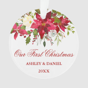Watercolor Red Poinsettia Floral First Christmas Ornament