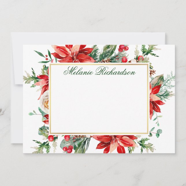 Watercolor Red Poinsettia Floral Gold Greenery Card (Front)