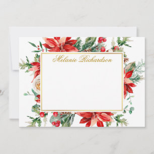 Watercolor Red Poinsettia Floral Greenery Gold Card