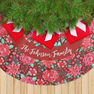 Watercolor Red Poinsettia Flowers + Family Name Brushed Polyester Tree Skirt