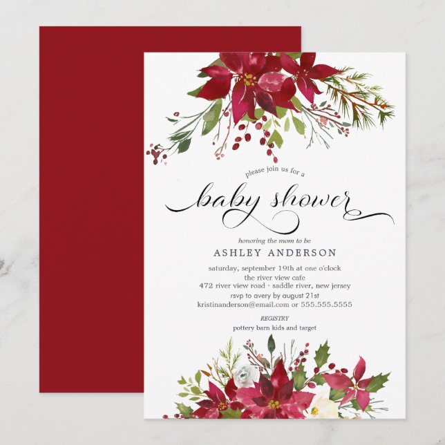 Watercolor Red Poinsettia Holly Baby Shower Invitation (Front/Back)