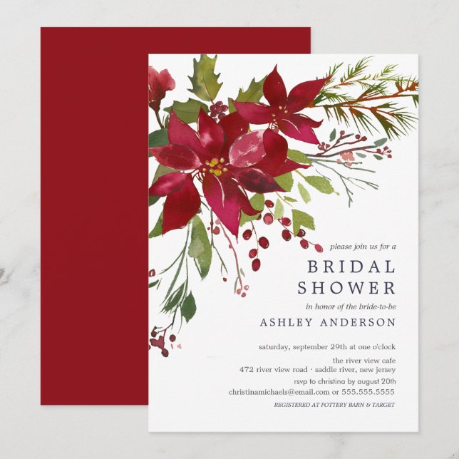 Watercolor Red Poinsettia Holly Bridal Shower Invitation (Front/Back)