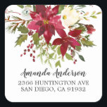 Watercolor Red Poinsettia Holly Return Address Square Sticker<br><div class="desc">Stunning watercolor red poinsettia white flowers with holly & berry stems floral bouquet for the Christmas holiday season. Visit our shop to view our festive poinsettia holly collection.</div>
