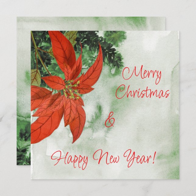 Watercolor Red Poinsettia Merry Christmas  Holiday Card (Front/Back)