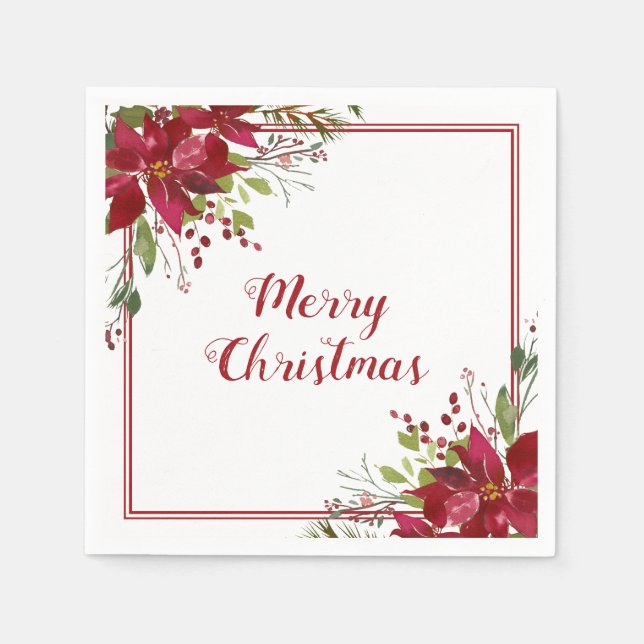 Watercolor Red Poinsettia Merry Christmas Holiday Napkin (Front)