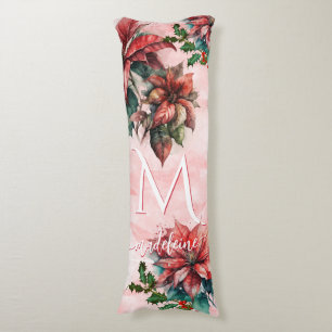 Watercolor Red Poinsettia Mistletoe Name Christmas Body Cushion