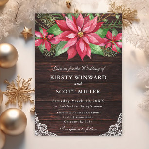 Watercolor Red Poinsettia Rustic Holiday Wedding Invitation