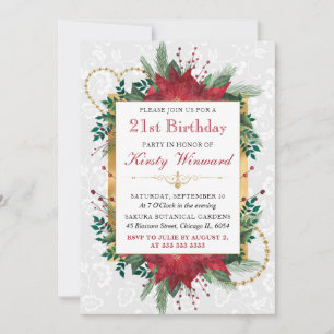 Watercolor Red Poinsettia Winter 21st Birthday Invitation