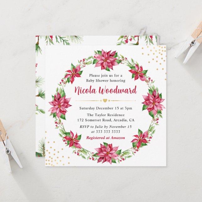 Watercolor Red Poinsettia Wreath Baby Shower Invitation (Front/Back In Situ)