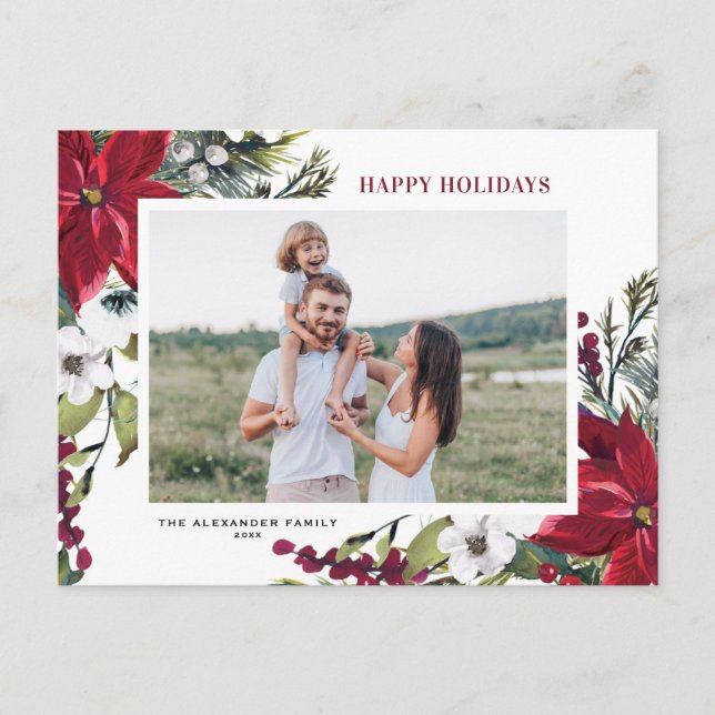 Watercolor Red Poinsettias and Fir Leaves Photo Holiday Postcard (Front)