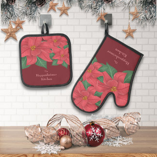 Watercolor Red Poinsettias Family Holiday Oven Mitt & Pot Holder Set
