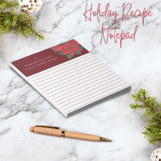 Watercolor Red Poinsettias Family Holiday Recipes Notepad