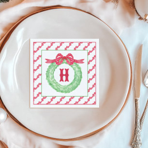 Watercolor Red Polka Dot Bow Monogram Wreath Napkin