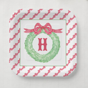 Watercolor Red Polka Dot Bow Monogram Wreath Paper Plate